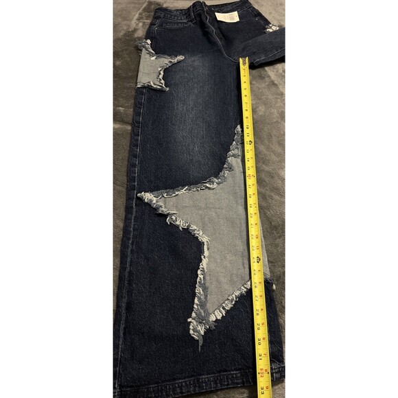 SIZE 3 Hot Topic Star Patchwork Wide Leg Jeans Blue Denim Star Appliqué Womens - Picture 3 of 8